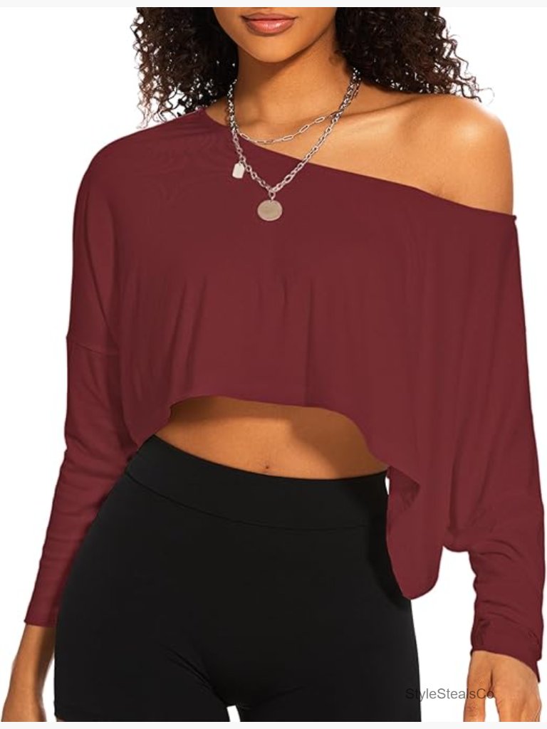 Oversized Off The Shoulder Crop Top Long Sleeve Loose Fit Tunic T-Shirt